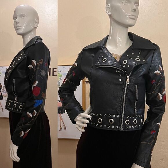 M ROMEO & JULIET Vegan Leather floral Embroidered crop top Moto Jacket nwt